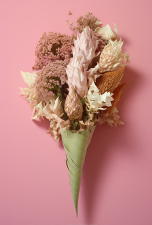 a cone of dried flowers on a pink backgroundの素材