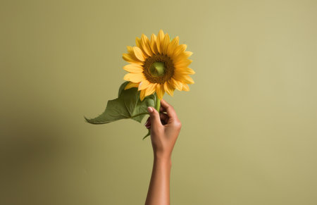 a person holding a large sunflower with one hand.の素材