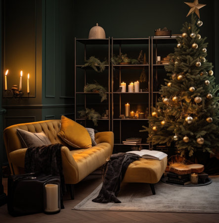 a living room with a Christmas tree and decorationsの素材