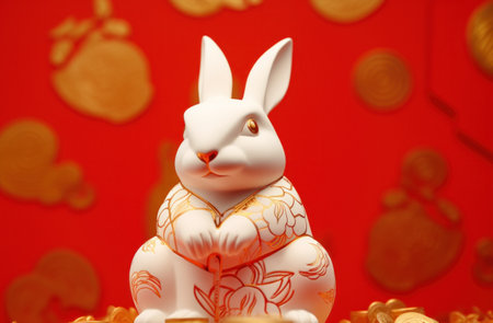 a large statue of a rabbit holds a red vase.の素材