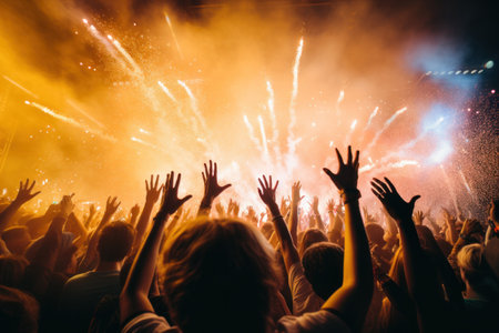 a group of people with their hands up at a festival,の素材