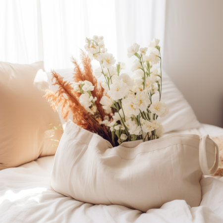 a natural bag with flowers on a bed,の素材