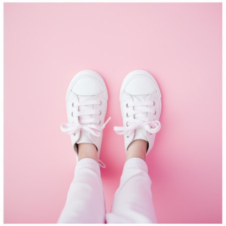 a pair of white sneakers on a pink backgroundの素材