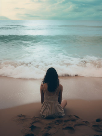 a person is sitting near the water at the beachの素材