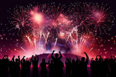 a crowd of people at a party are enjoying a night of fireworksの素材