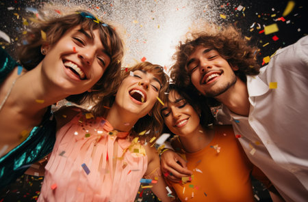 a group of young people posing with confetti thrown in their facesの素材