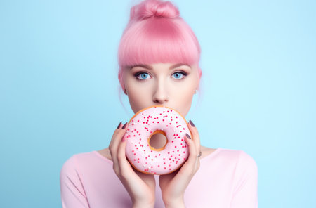 a girl holding a pink donut on a light blue background.の素材