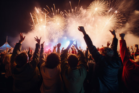 a group of people gathered at a music festival watching fireworks.の素材