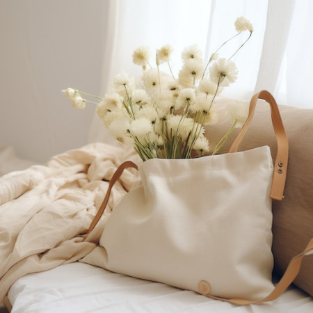 a natural bag with flowers on a bed,の素材