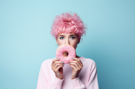 a girl holding a pink donut on a light blue background.の素材