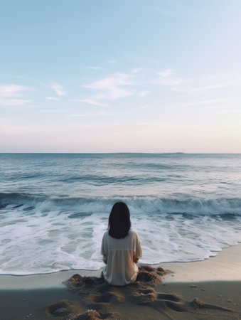 a person is sitting near the water at the beachの素材