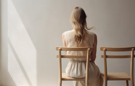 A female sitting on a white table with a wooden chair.の素材