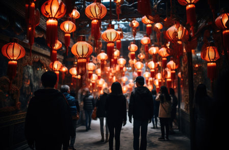 a group of Chinese people walk through a room with many red lanternsの素材