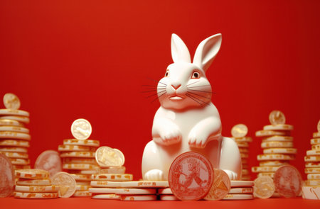 a large statue of a rabbit holds a red vase.の素材