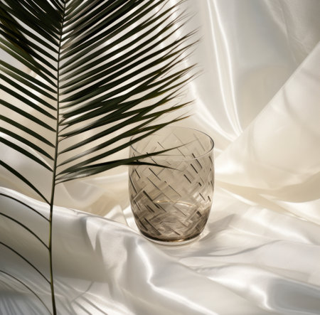 a picture of a large palm leaf in a glass vase.の素材