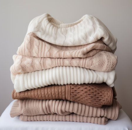 a pile of white, cream and gray knit sweatersの素材