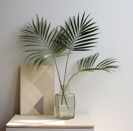 a picture of a large palm leaf in a glass vase.の素材