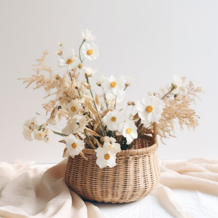 a rattan basket is full of white flowers and other floral elements.の素材