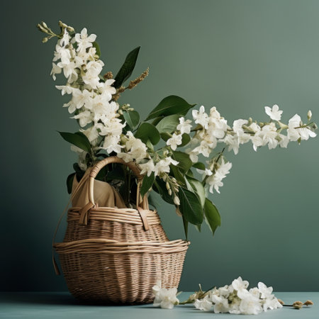 a rattan basket is full of white flowers and other floral elements.の素材
