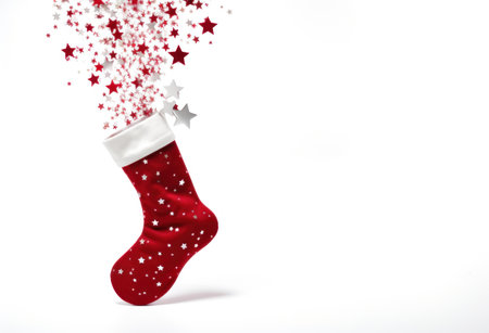 a red and white christmas stocking laying on top of a white backgroundの素材