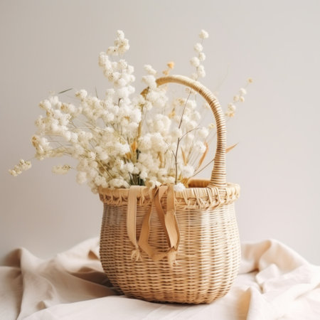 a rattan basket is full of white flowers and other floral elements.の素材