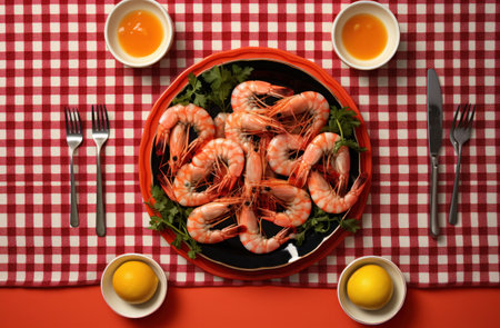a plate filled with shrimp and tea on a red table cloth,の素材
