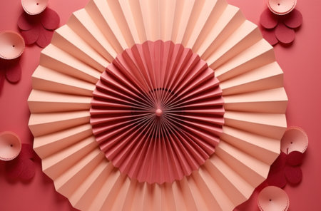 a red fan is hung from a pink wall.の素材