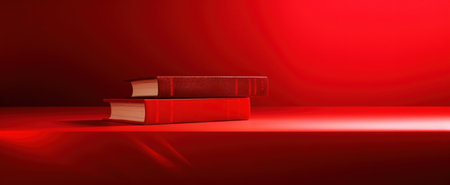 a red book in front of a red background with a pair of folded booksの素材