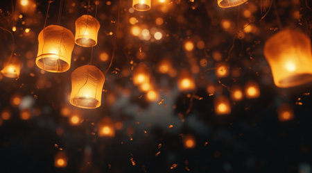 a scene with many lights and lanterns hanging in space,の素材