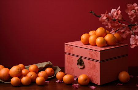 a redwalled box filled with candy and oranges is on a wooden tableの素材