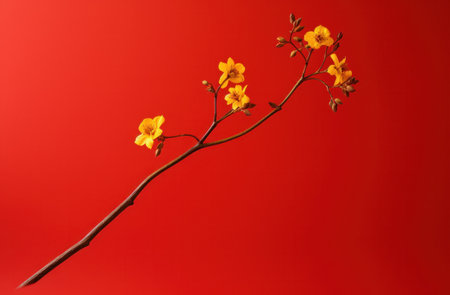 a red blooming stem on a yellow backgroundの素材