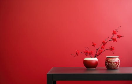 a red table with some Chinese decoration on itの素材