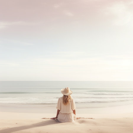 a woman sits on the beach watching the oceanの素材