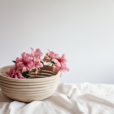 a white basket with pink flowers sitting on top of a white striped background.の素材