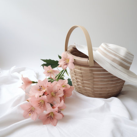 a white basket with pink flowers sitting on top of a white striped background.の素材