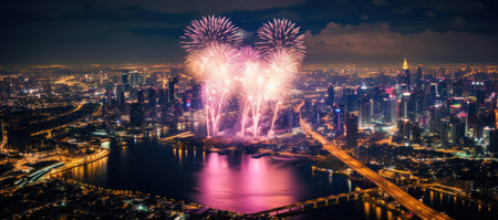 an aerial image of fireworks over bangkok as it light up the night skyの素材