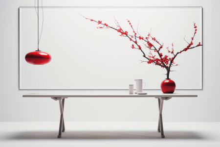 a white table with red lantern hanging over itの素材