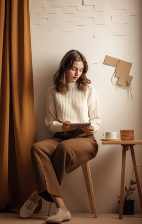 a woman sits in front of a wall in brown pants.の素材