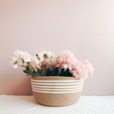 a white basket with pink flowers sitting on top of a white striped background.の素材