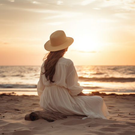 a woman sits on the beach watching the oceanの素材