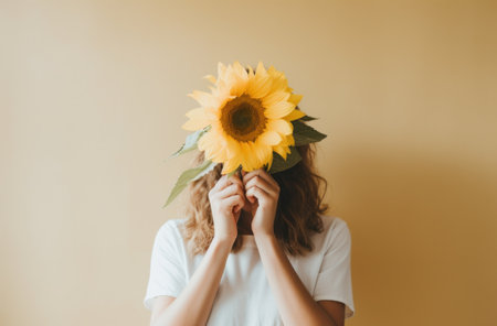 a woman holding sunflowers in front of her faceの素材