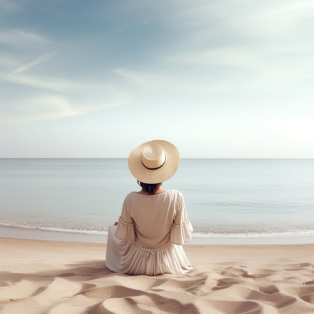 a woman sits on the beach watching the oceanの素材
