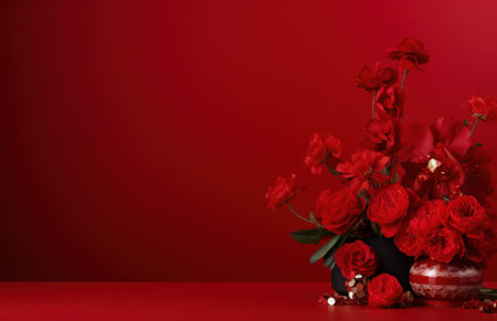 an empty red background with flowers and red rosesの素材