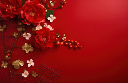 an empty red background with flowers and red rosesの素材