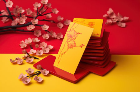 beautiful money envelope sitting on top of a yellow background red envelope stock footageの素材