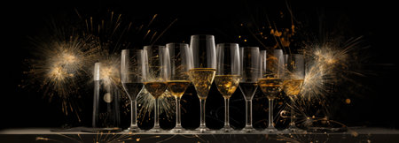 champagne glasses and fireworks against a dark gray background,の素材