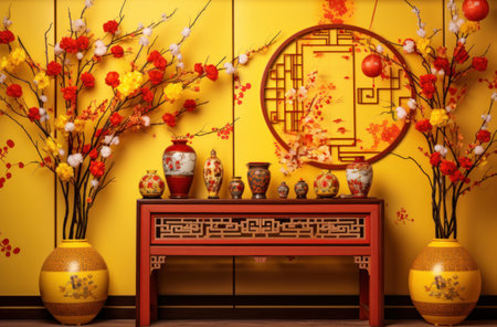 Chinese new year in the house with flowers and ornaments,の素材