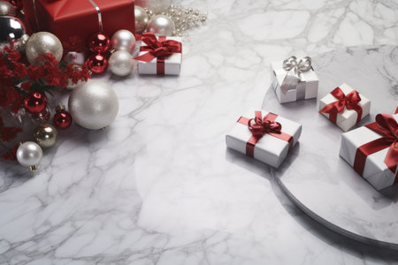 christmas presents on a marble mat on a christmas circle,の素材