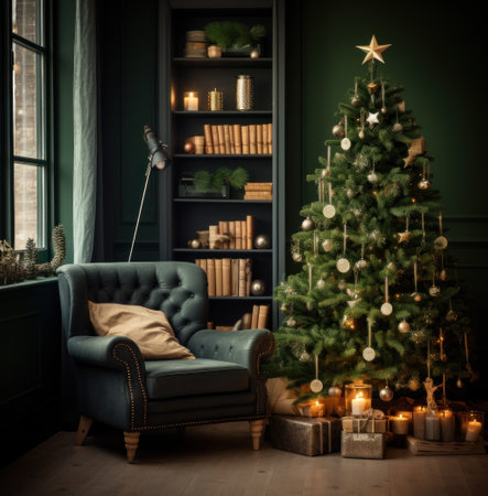 christmas in the living room with an ornamented tree,の素材