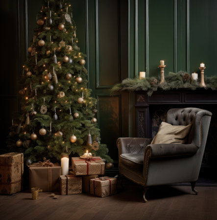 christmas in the living room with an ornamented tree,の素材